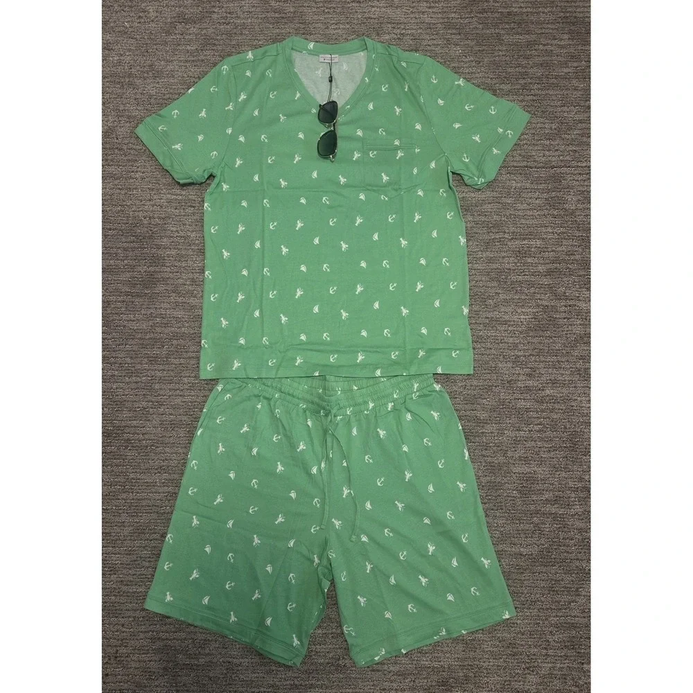 Cosabella Mens Road Trip Lounge Set Green Nautical Anchor Lobster Print Large